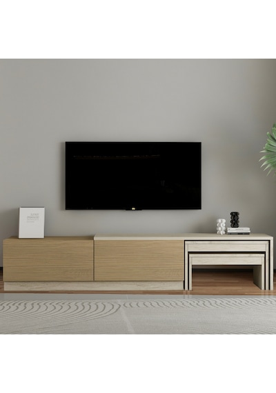 Nest Tv Sehpası Modern Tasarım,2 Kapaklı Depolama Ve İkili Zigon Sehpa İle Fonksiyonel Mobilya Meşe Nest Tv Sehpası Modern Tasarım,2 Kapaklı Depolama Ve İkili Zigon Sehpa İle Fonksiyonel Mobilya Meşe