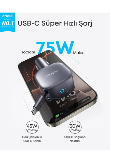 Anker Nano Usb-c Araç Şarj Cihazı, 75w, Ultra Kompakt Type-c Hızl