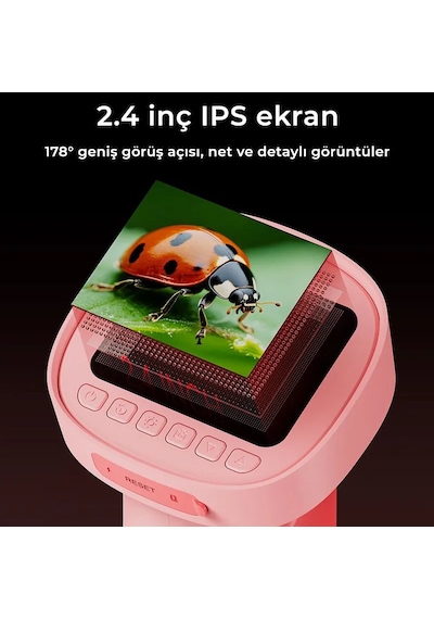 395 Pembe Taşınabilir Dijital Çocuk Mikroskobu - 2.4 İnç Ips Ekranlı, 1080p Full Hd, 1000x Zoom, 8 Led Işıklı Eğitici Bilim Kiti