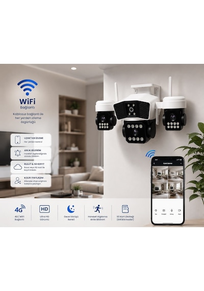 X5tech Rx-95w Wifi 3 Lensli 12 Volt 2a Kablosuz Güvenlik Kamerası+combo 64gb Hafıza Kartı+adaptör Se
