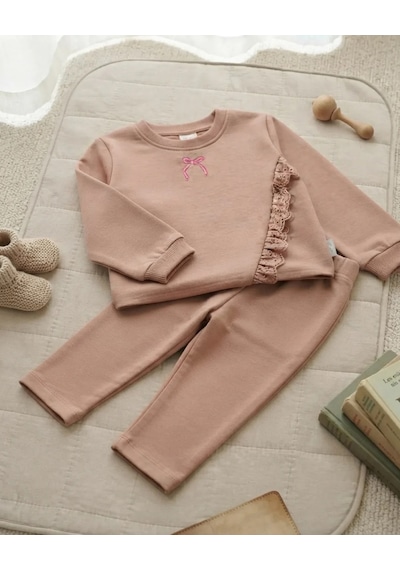 Tuffy Alt Üst Takım Kahverengi Kurdele Detaylı Kız Bebek İkili Bisküvi Kumaş Rahat Tasarım