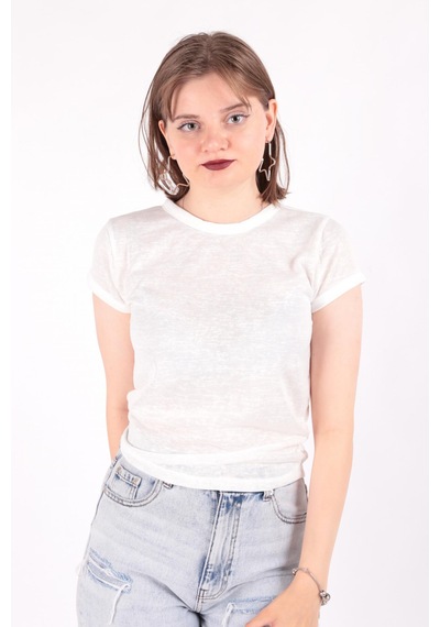 Busem S0016230 Kadın Flamlı İnce T-shirt Beyaz