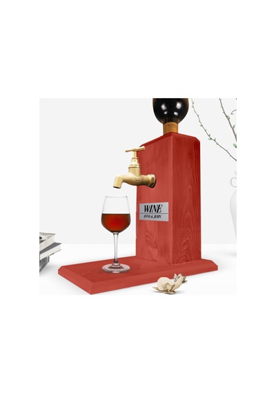 Custom Wooden Natural Wine Stand With Tap - Tile Red
