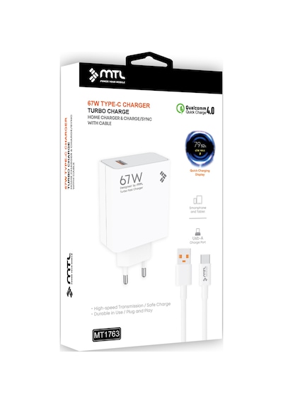 67w Turbo Şarj Saniyeli Usb Adaptör + Usb Type-c Kablo Hızlı Şarj Seti Mt1763