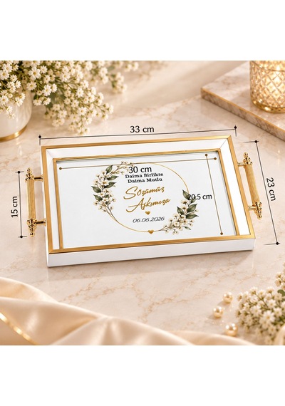 Bk Gift Kişiye Özel Beyaz&gold Söz Nişan Tepsisi-5 - 39x23 Cm Çok Renkli