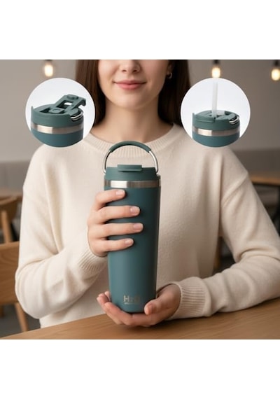 660 Ml Pipetli Paslanmaz Çelik Termos Kupa - 4 Renk Seçeneği Krem, Yeşil, Siyah, Mavi - Büyük Boy Venti Sıcak Ve Soğuk Tutan Mug Yeşil Açık Beyaz
