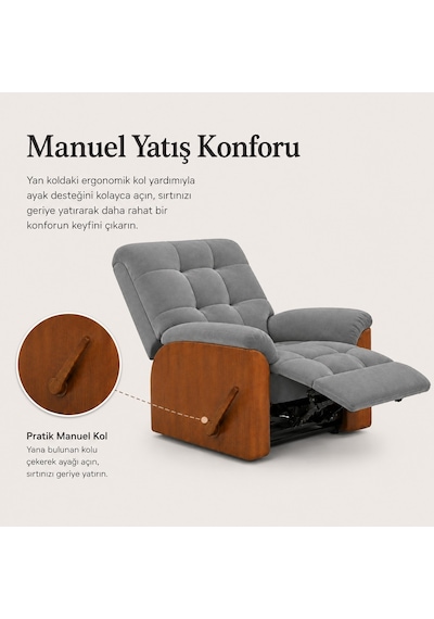 Smarto Relax Ticino Manuel Mekanizmalı Ayak Uzatmalı Ahşap Yan Panelli Polyester Tv Koltuğu Baba Koltuğu Gri