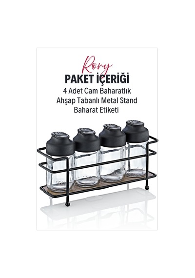 Grimorlife Ahşap Tabanlı Metal Standlı 4 Lü Cam Baharatlık Seti Çift Kapaklı Tuzluk & Biberlik Diğer