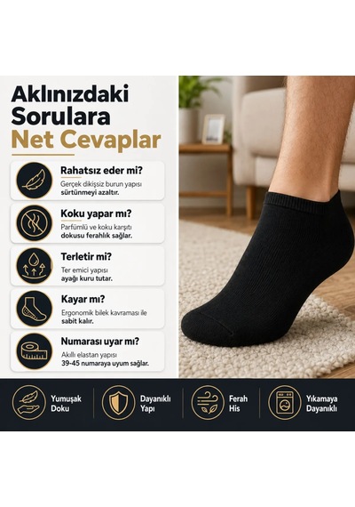 Elitse Erkek Patik Çorap 12 Li Renk Seçenekleri 39-44 Yüksek Pamuklu Dikişsiz Koku Karşıtı Siyah 12'li