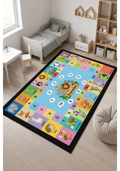 Sonictouch Çocuk Oyun Halısı Türkçe Eğitici Hayvanlar Alfabeli Halı Kaymaz Dijital Baskı 70x120 CM