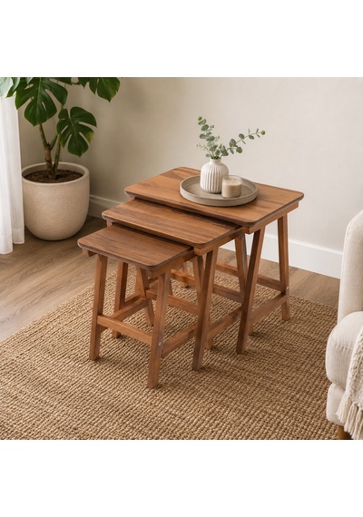 Ganni Home Alvis Zigon Sehpa Ceviz Ceviz Ahşap İskeletli Modern 3 Lü Sehpa Seti