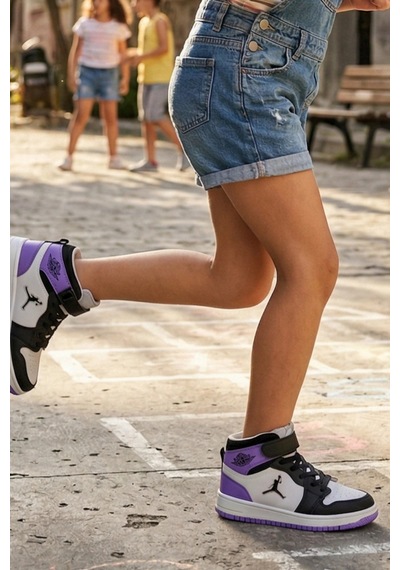 In Step Eveji Mor Beyaz Çocuk Basketbol Ayakkabısı - Yüksek Bilekli Cırt Cırtlı Sneaker Mor-beyaz