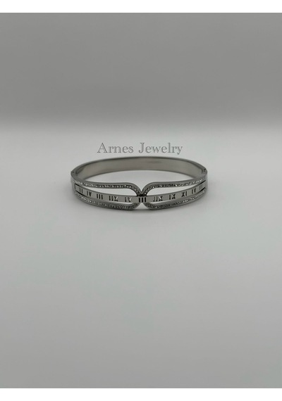 Arnes Jewelry Çelik Silver Roma Rakamlı Kelepçe Bileklik Ar10 Silver