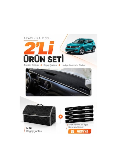 Volkswagen T-cross 2021-2023 Uyumlu Torpido Örtüsü + Deri Bagaj Çantası + Sticker Seti - Siyah Gri