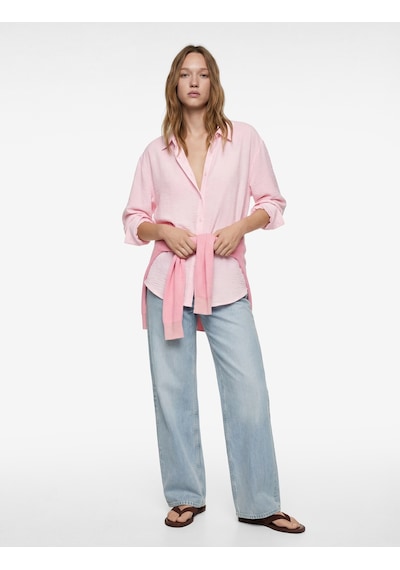 Koton Uzun Kollu Klasik Yaka Düğmeli Oversize Gömlek Pembe 6sal60067ıw Gül