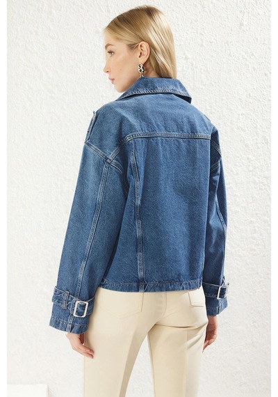 Benerly Kadın Oversize Düşük Kol Ceket Yaka Denim Blazer %100 Pamuk Fonks mavi