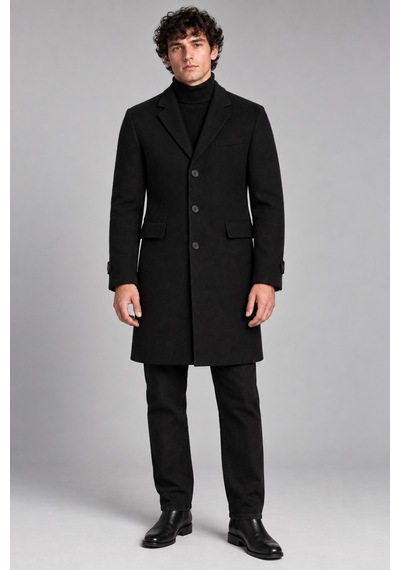 Maison Rae Erkek Siyah, Slim Fit Kaşe Kaban Klasik Yaka 3 Düğmeli Uzun Kesim Kışlık Palto
