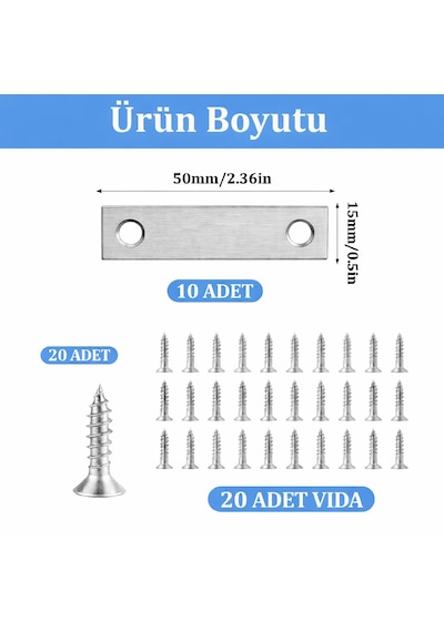 10 Ad. Düz Gönye Bağlantı Demiri 15x50 Mm 20 Ad Vida - Eşya Dolap Sabitleme Köşe Birleştirme Aparatı Metalik