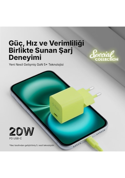Smartcharger Gan 20w Pd Seyahat Hızlı Şarj Aleti + Usb-c - Lightning 120cm Kablo Neon Sarı