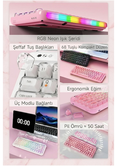 Af68 Kablosuz 3 Modlu Rgb Membran Klavye- Çift Katmanlı Tuş Kapağı-4.000 Mah Batarya