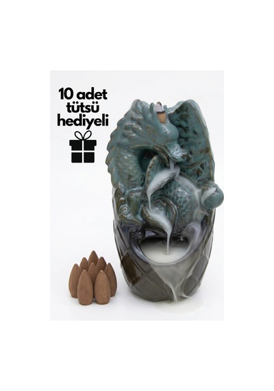 Ejderha Figürlü Şelale Geri Akışlı Seramik Tütsülük Çift Taraflı + 10 Adet Tütsü Hediyeli