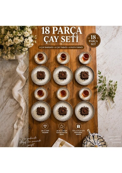 Yasemin Ahlat 18 Parça 6 Kişilik Porselen Pasta Ve Çay Takımı Otantik Desenli Lüks İkram Seti Çok Renkli