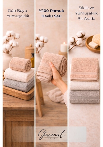 Güvenal Softsky %100 Pamuk 30 X 50 Cm 3 Lü Havlu Seti Ultra Yumuşak & Yüksek Emici Havlu Çeyiz Çok Renkli