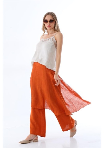 Bohem Stil İtalyan Ham Keten Pantolon Etek-8747 Kiremit