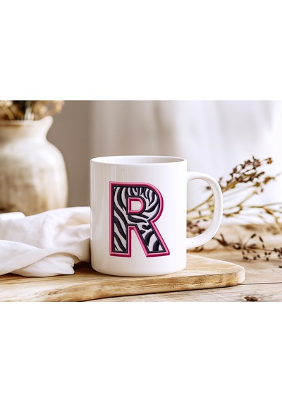 R Harfi Zebra Deseni Ve Pembe Kenarlı Kupa Bardak - Kişiye Özel Nakış Efektli - Siyah Beyaz Pembe Beyaz