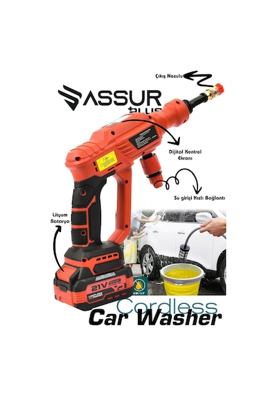 Assur Plus 21V Kömürsüz Motor Yüksek Basınçlı Akülü Oto Araba Yıkama Makinesi Şarjlı - 2855