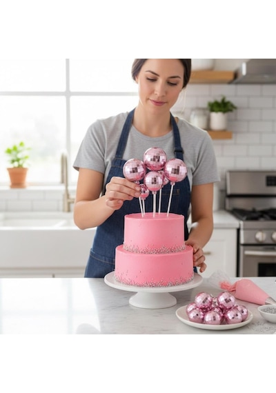Disko Top Pembe Pasta Ve Tatlı Üzeri Dekoratif Süs 12 Li Set