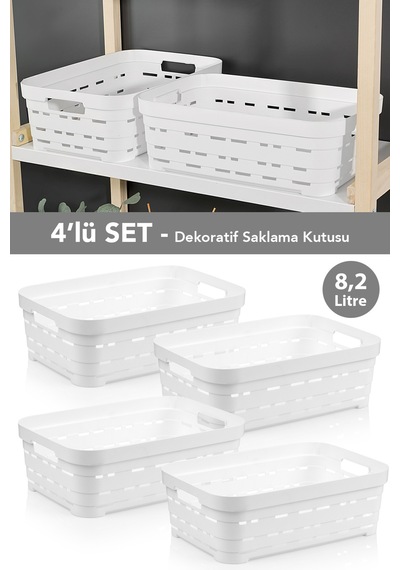 4'lü Delikli Dekoratif Piramit Saklama Kutusu - Dolap İçi Düzenleyici Organizer Kutu 8,2 Lt Beyaz Beyaz