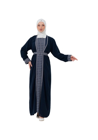 Zaytoon Nakışlı İç Elbiseli Ve Kemerli İki Parçalı Filistin Mirası Abaya Seti Lacivert