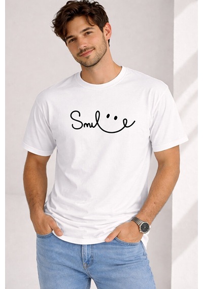 Nevermind Unisex Tişört Smile Baskılı Basic Oversize Günlük Rahat Beyaz
