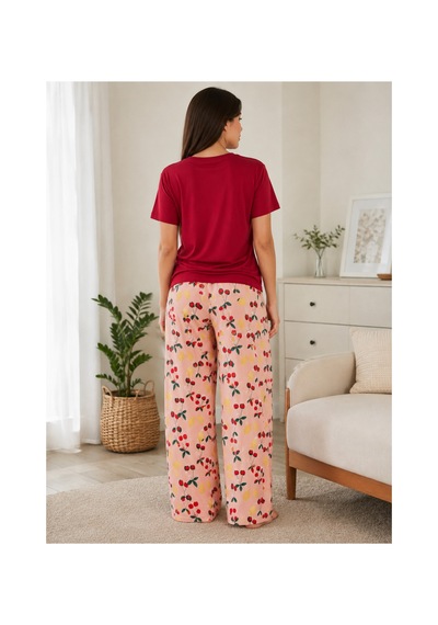 Mixxtrend Kadın Pamuklu Kiraz Desenli Pijama Takımı Kırmızı