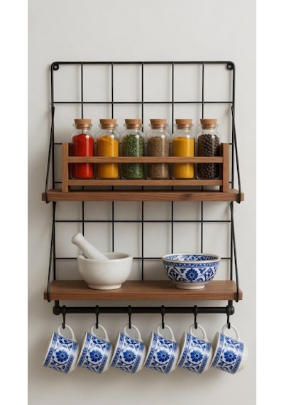 Çift Ahşap Raflı Metal Duvar Rafı 6 Kancalı Mutfak & Banyo Organizer 60 40 Cm Kahverengi
