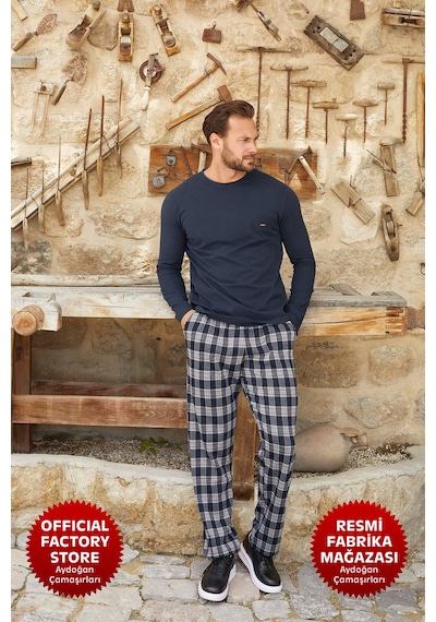 Aydoğan Erkek Pamuklu Jakarlı Uzun Kollu Altı Ekoseli Pijama Takımı 3380 Lacivert