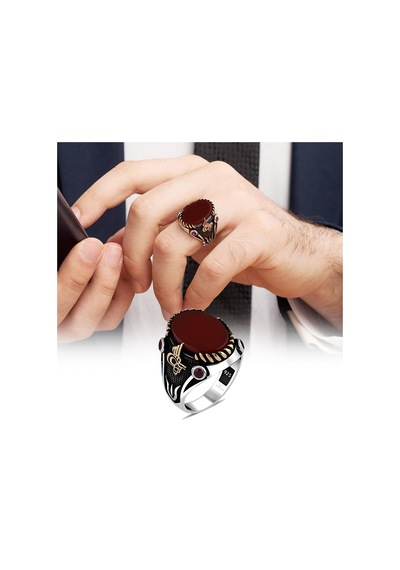 Akik Kırmızı Taşlı Tuğra Desenli 925 Gümüş Erkek Yüzük