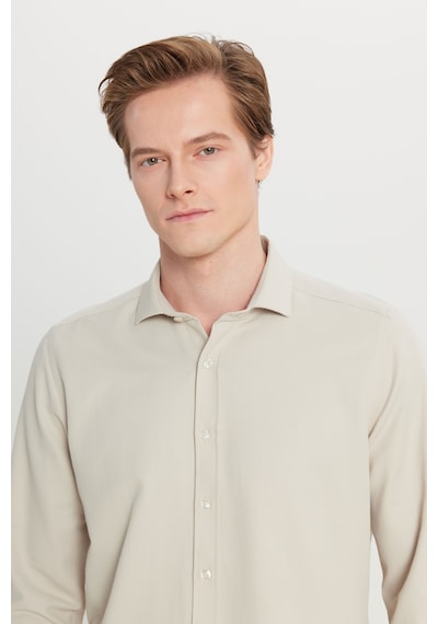 AC&Co / Altınyıldız Classics ERKEK BEJ Kolay Ütülenebilir Slim Fit Dar Kesim İtalyan Yaka Armürlü Gömlek Bej