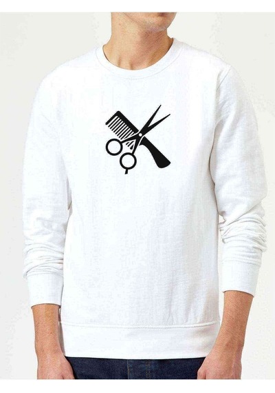 Berber Kuaför Barber Shop Baskılı Beyaz Erkek Örme Sweatshirt