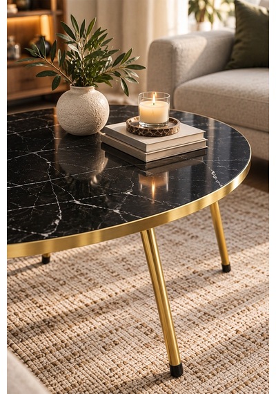 Sulorahome Gold Ayaklı Oval Mermer Desenli Orta Sehpa Siyah