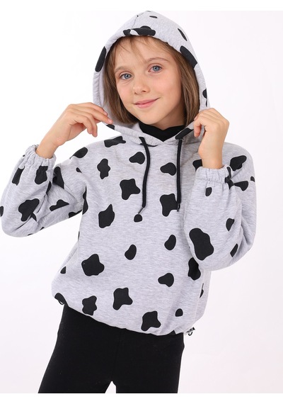 Toontoy Kız Çocuk Komple İnek Baskılı Sweatshirt Gri Melanj
