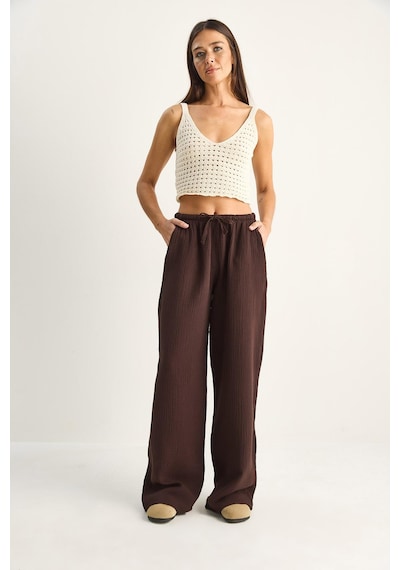 Shade Kadın Bağcıklı Beli Lastikli Müslin Geniş Paça Pantolon Yp5502 60286190 - Acı Kahve Acı Kahverengi