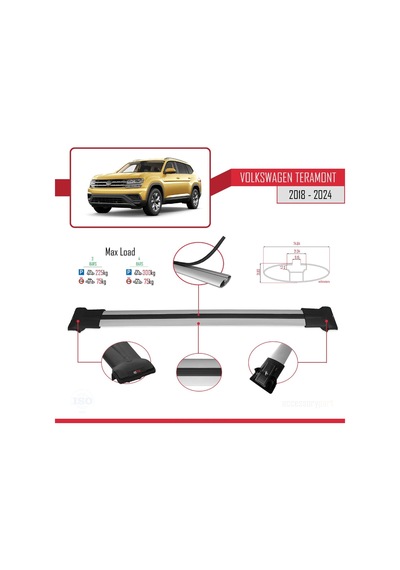 Volkswagen Teramont 2018 Ve Sonrası İle Uyumlu Fly Model Ara Atkı Tavan Barı Gri 3 Adet Bar