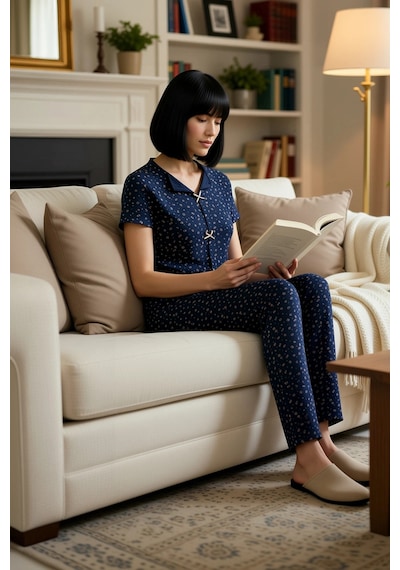 Benerly Kadın V Yaka Kısa Kol Çiçekli Pointel Örme Pijama Takımı Fonksiyo lacivert