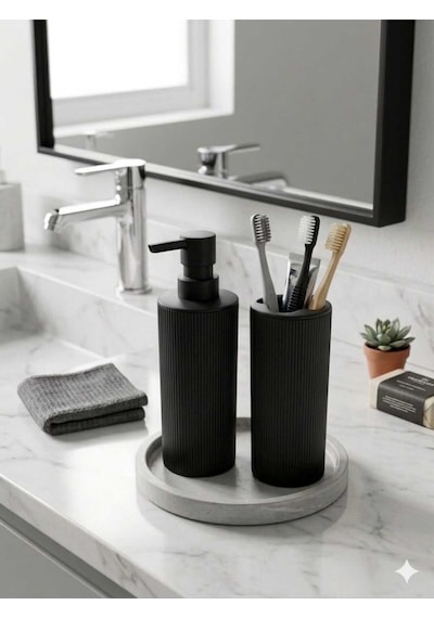 İndecor Houseware Liza Modern Sabunluk Ve Diş Fırçalık - 2'li Modern Banyo Seti - Siyah -