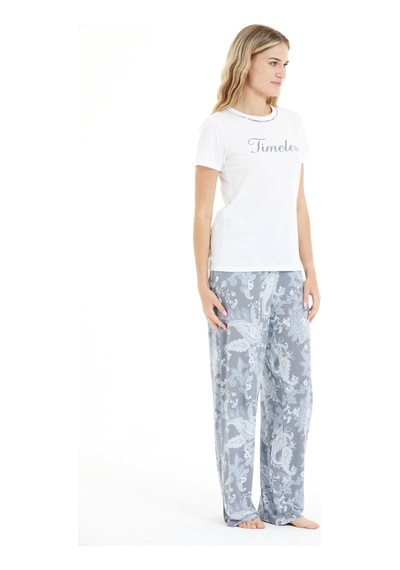 Lılac Kadın Çiçek Desenli %100 Viscon Pijama Takımı Beyaz-gri Beyaz-gri