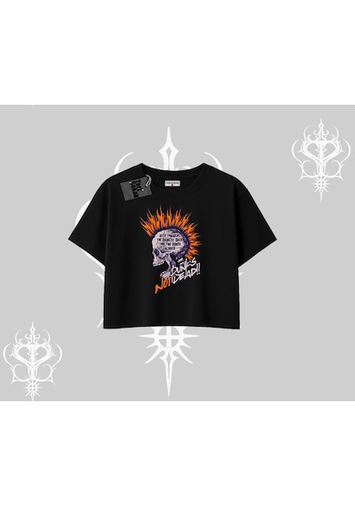Tarzsokak Oversize Crop Tshirt Burning Skull Rebel Street Anthem Siyah