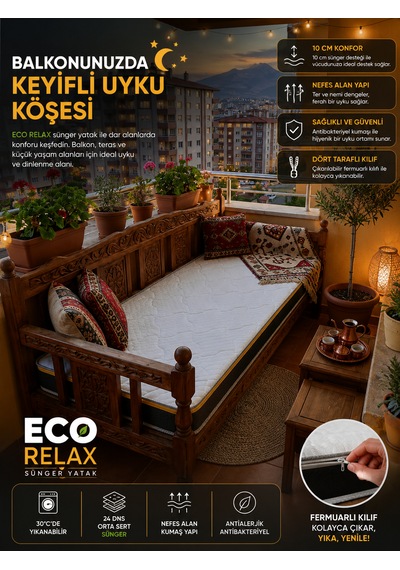 Eco Relax 10 Cm Sünger Yatak Yer Yatağı, Misafir Yatağı Ve Ranza Uyumlu Fermuarlı Yıkanabilir Kılıf 24 Dns Orta Sert Sünger Tek Kişilik