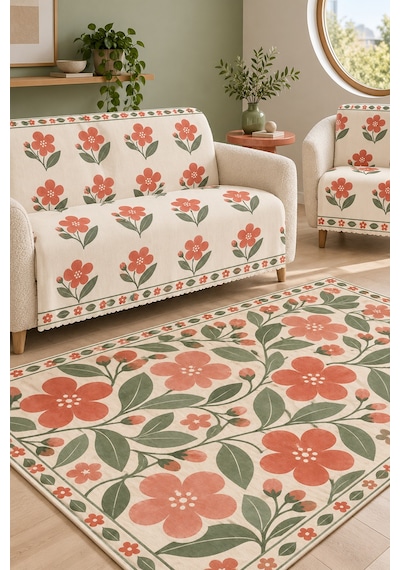 3 Lü Set 2 Adet 165x215 Cm Koltuk Örtüsü + 1 Adet 6m2 180x280 Cm Kaymaz Taban Dijital Baskılı Halı Kırmızı